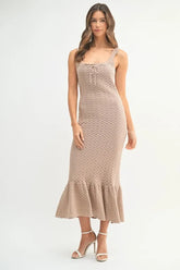 MABLE Ruffled Hem Sleeveless Crochet Knit Midi Dress OutfitFlow